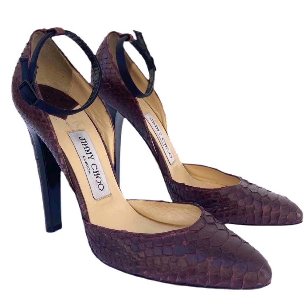 JIMMY CHOO SNAKE SKIN CLOSED TOE ANKLE STRAP HEELS SIZE 37.5 - Picture 1 of 10
